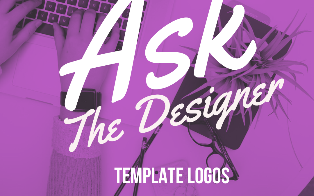 Purple Background with Office Setting Image Behind It, White Text Reads "Ask the Designer Template Logos"